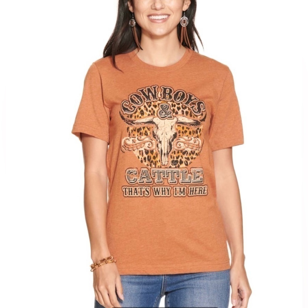 Lulu Mac Women's Autumn Rust Cowboys & Cattle Graphic Short Sleeve T-Shirt Med